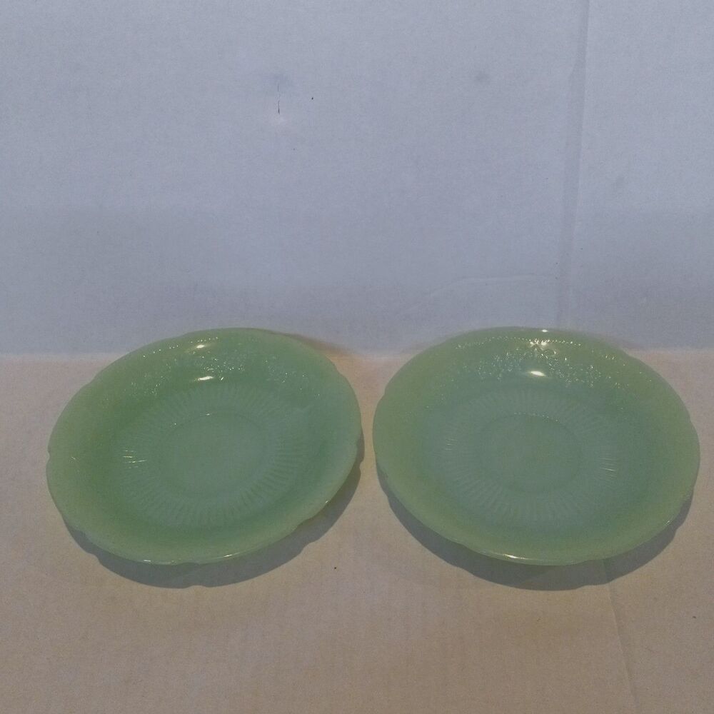 Vintage Fire King Jadeite Saucer-Lot Of 2-Alice Pattern-Floral-Scallop Rim